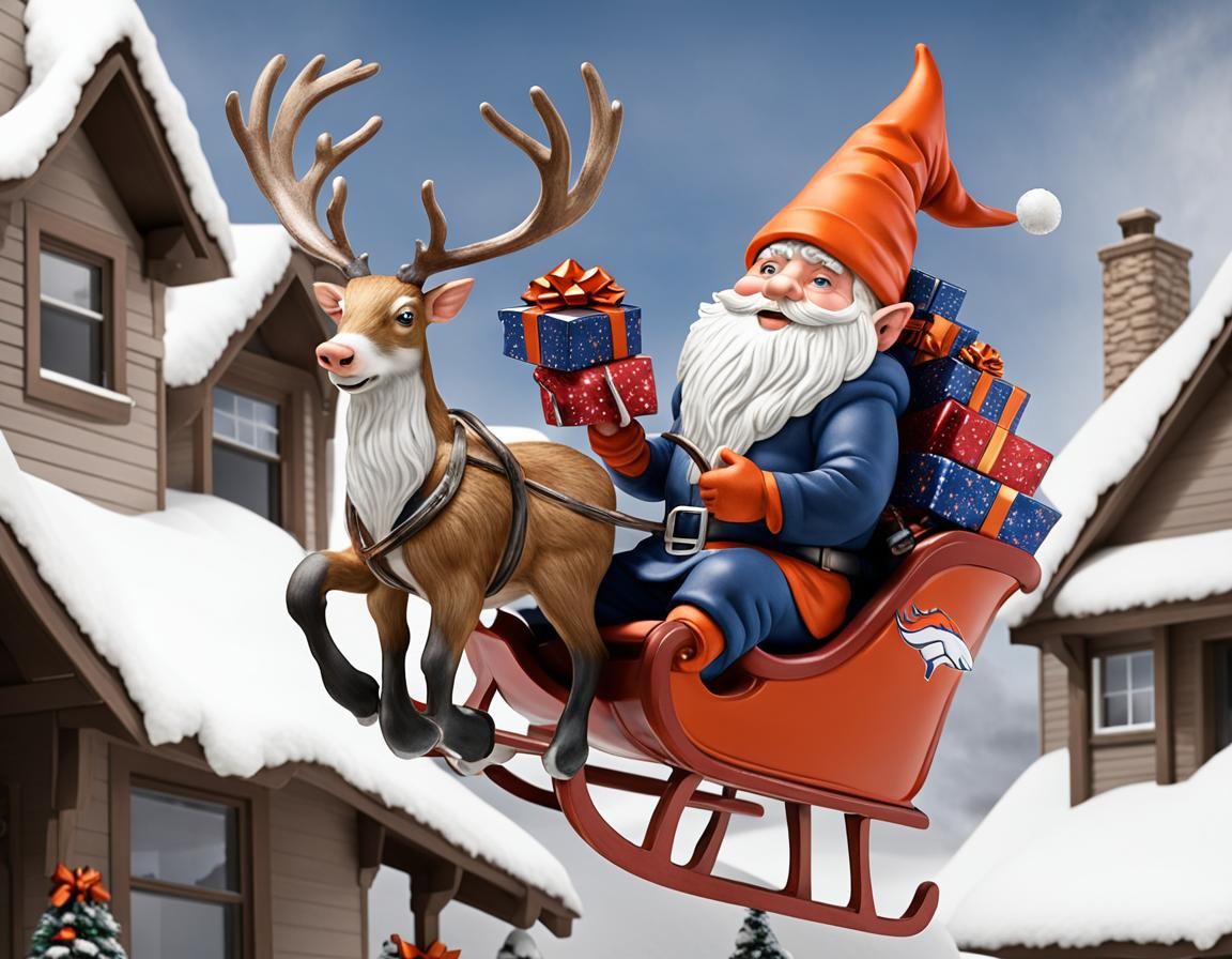 "Up, Up, Away"! Broncos Christmas Gnome in a Sleigh Deliveri...