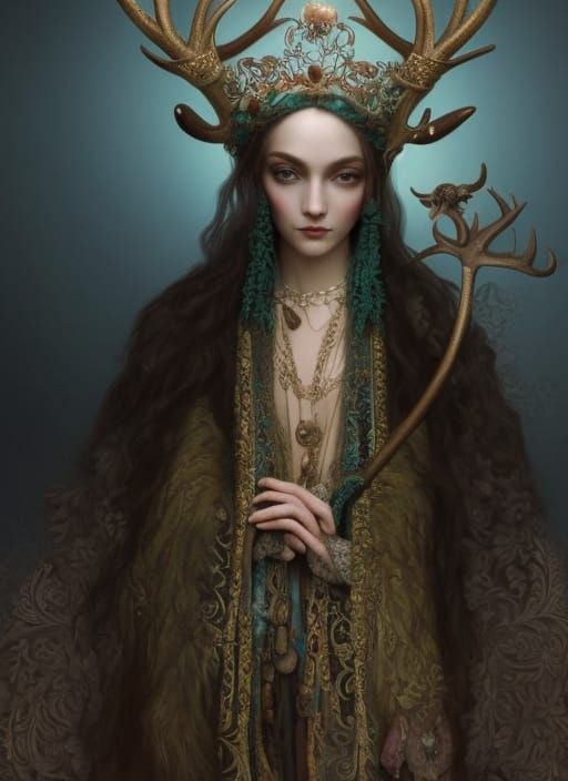 Beautiful Druid in Celtic Robes and Antler Crown
