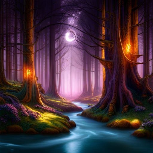 Luminous Enchanted Forest in Art Nouveau Style