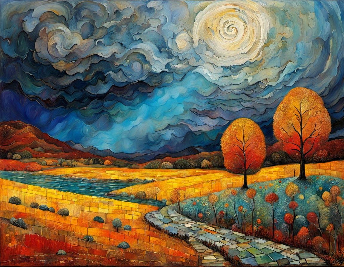 Stone Sword in Autumn Landscape as Impasto Painting