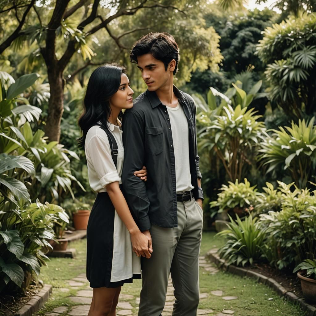 Romantic Brazilian Couple in Garden, Cinematic Film Still