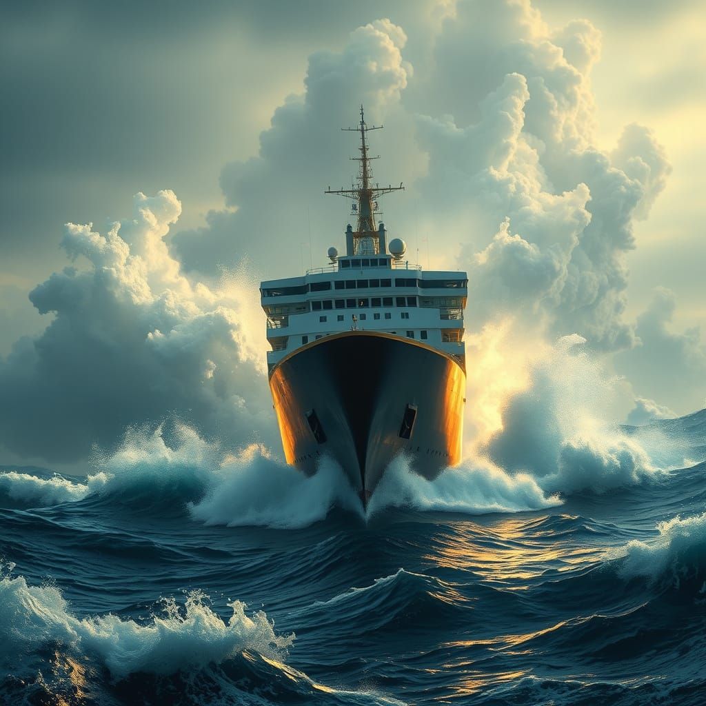 Majestic Liner Battles Turbulent Seas in Hyper-Realistic Sty...