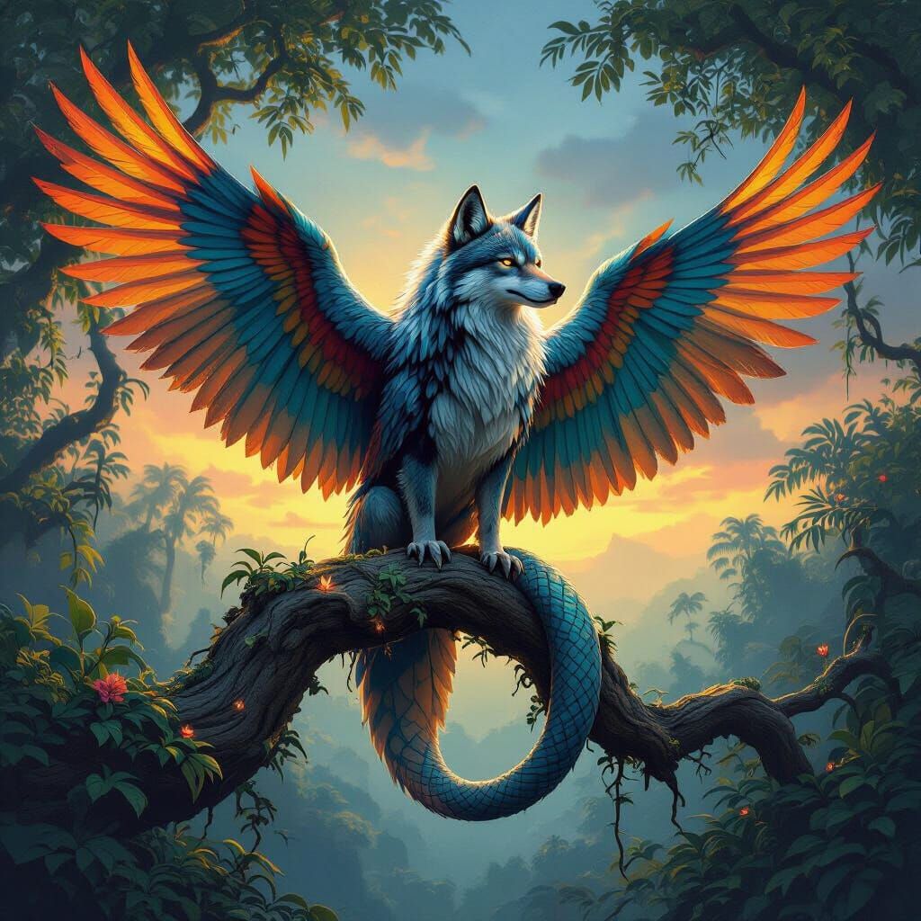 Fantastical Hybrid Creature: Wolf Serpent Parrot