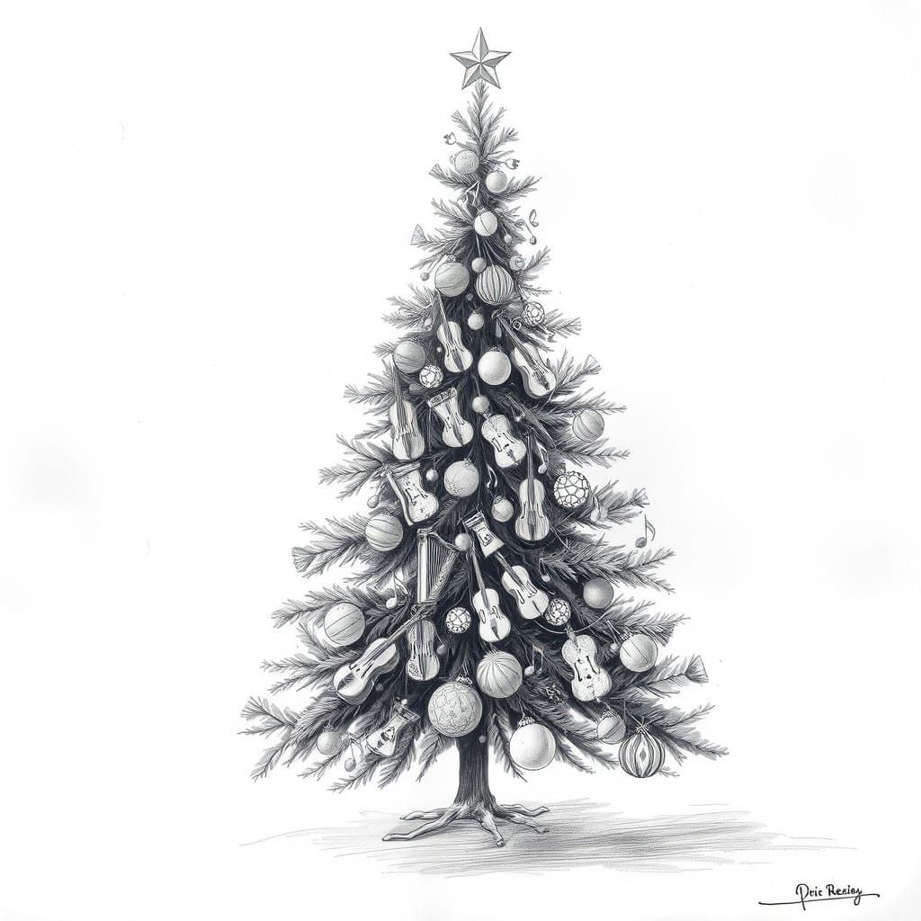 Whimsical Christmas Tree in Black Pencil Drawing Style