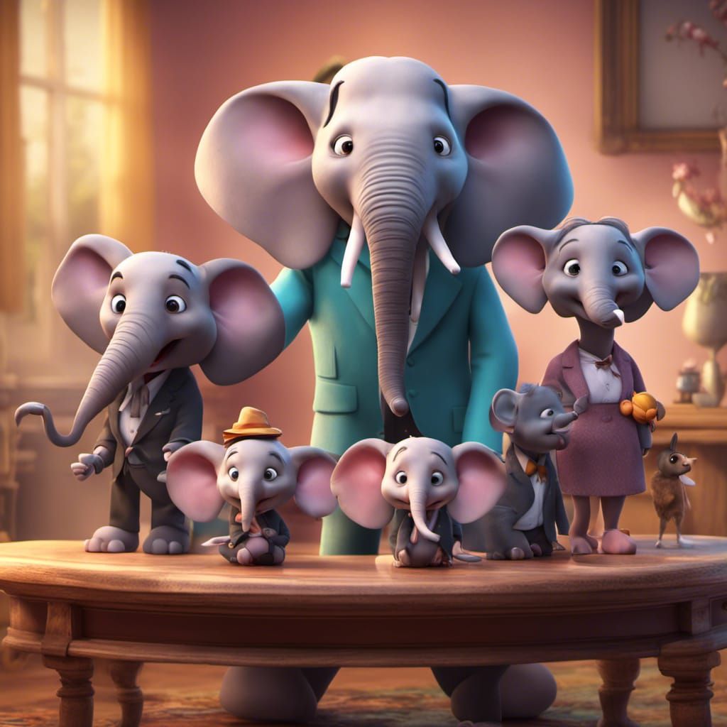 Elephants' Family Portrait in Fear: 3D Digital Art