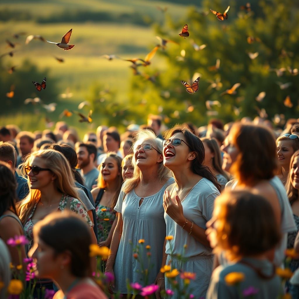 Joyful Crowd Gathers in Lush Wildflower Meadow