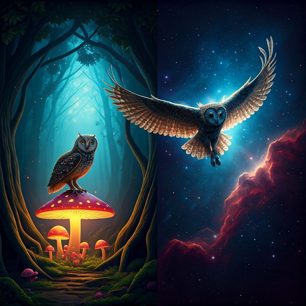 Owl's Transformation: Enchanted Forest Meets Celestial Sky
