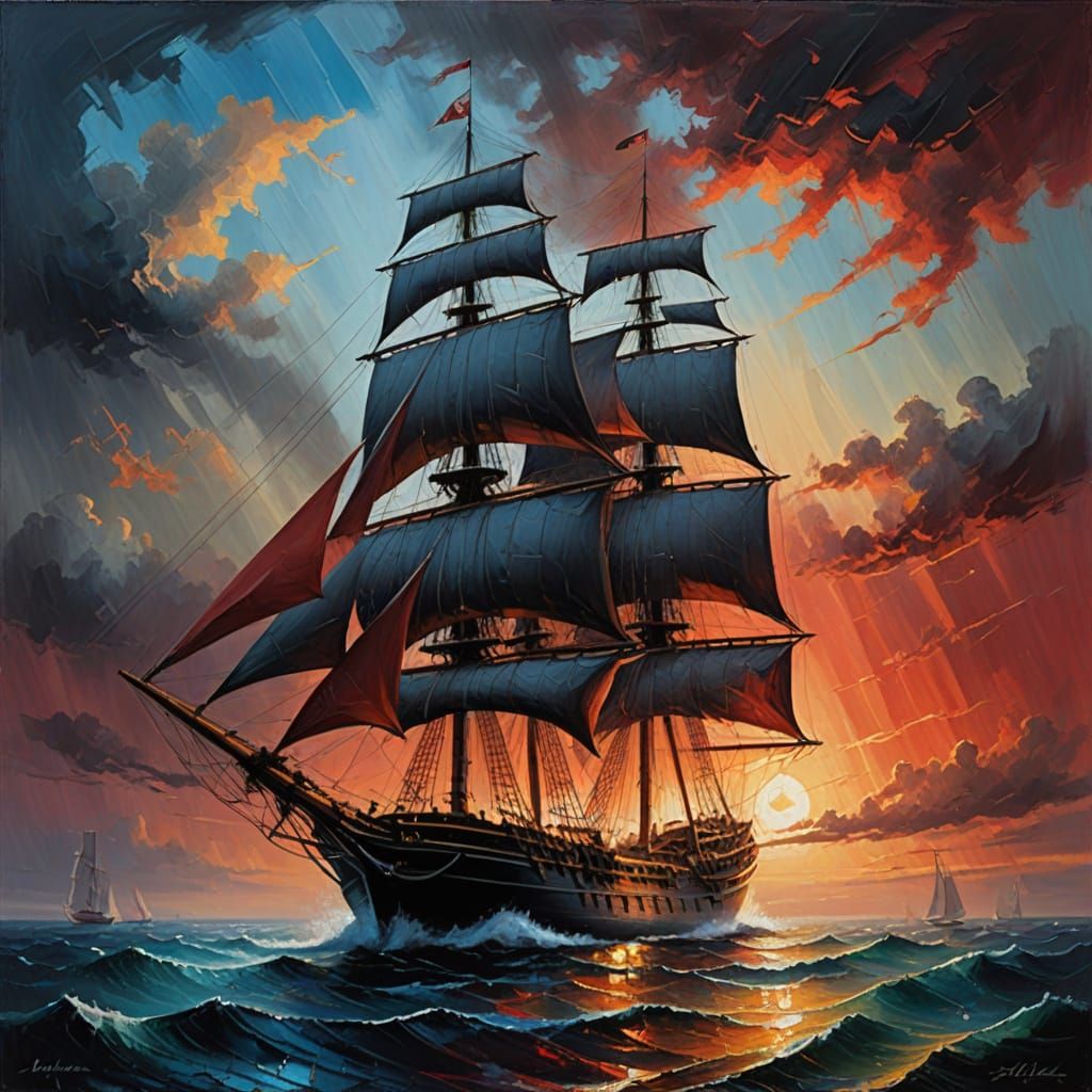 Oil Painting of Sailing Ship with Red Sails in Pastel Sky