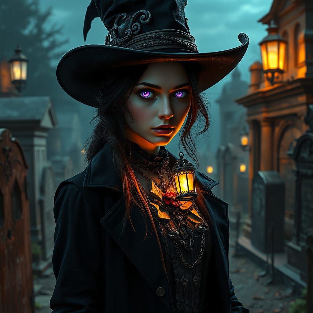 Gothic Cowgirl Necromancer with Glowing Purple Eyes in Dark...