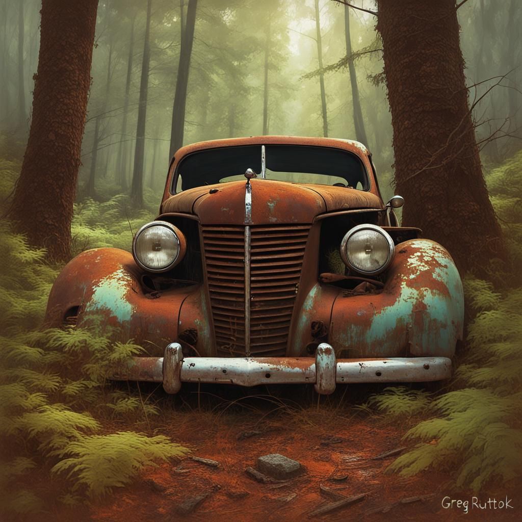 Sinister Rusted Car in Forest