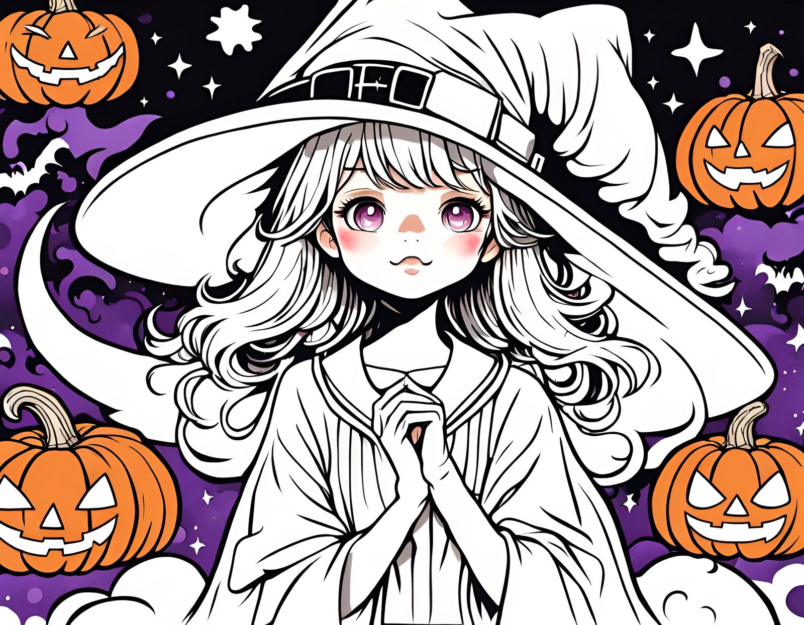 Kawaii Magical Girl Halloween Ink Drawing in Anime Style
