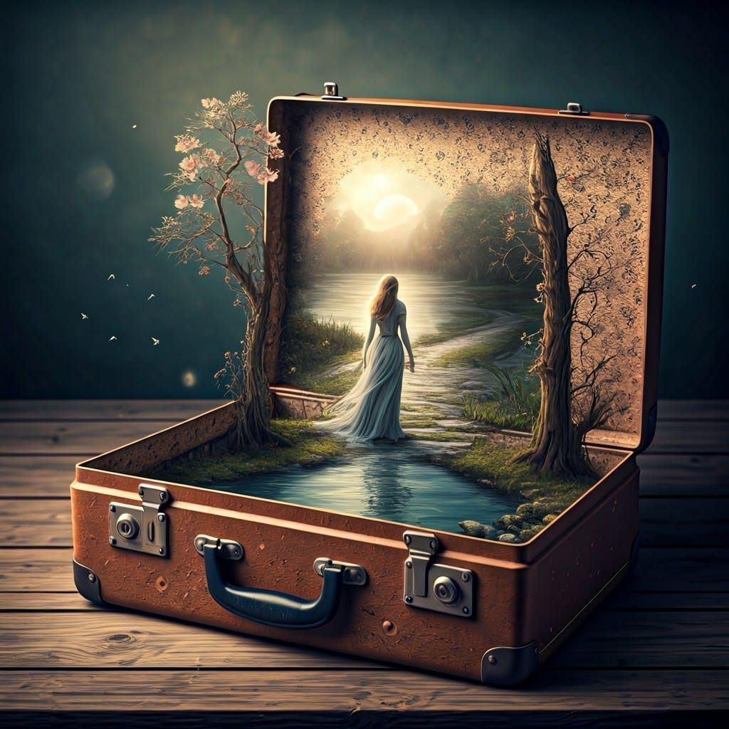 Whimsical, Dreamlike Suitcase Scene in Old Master Style