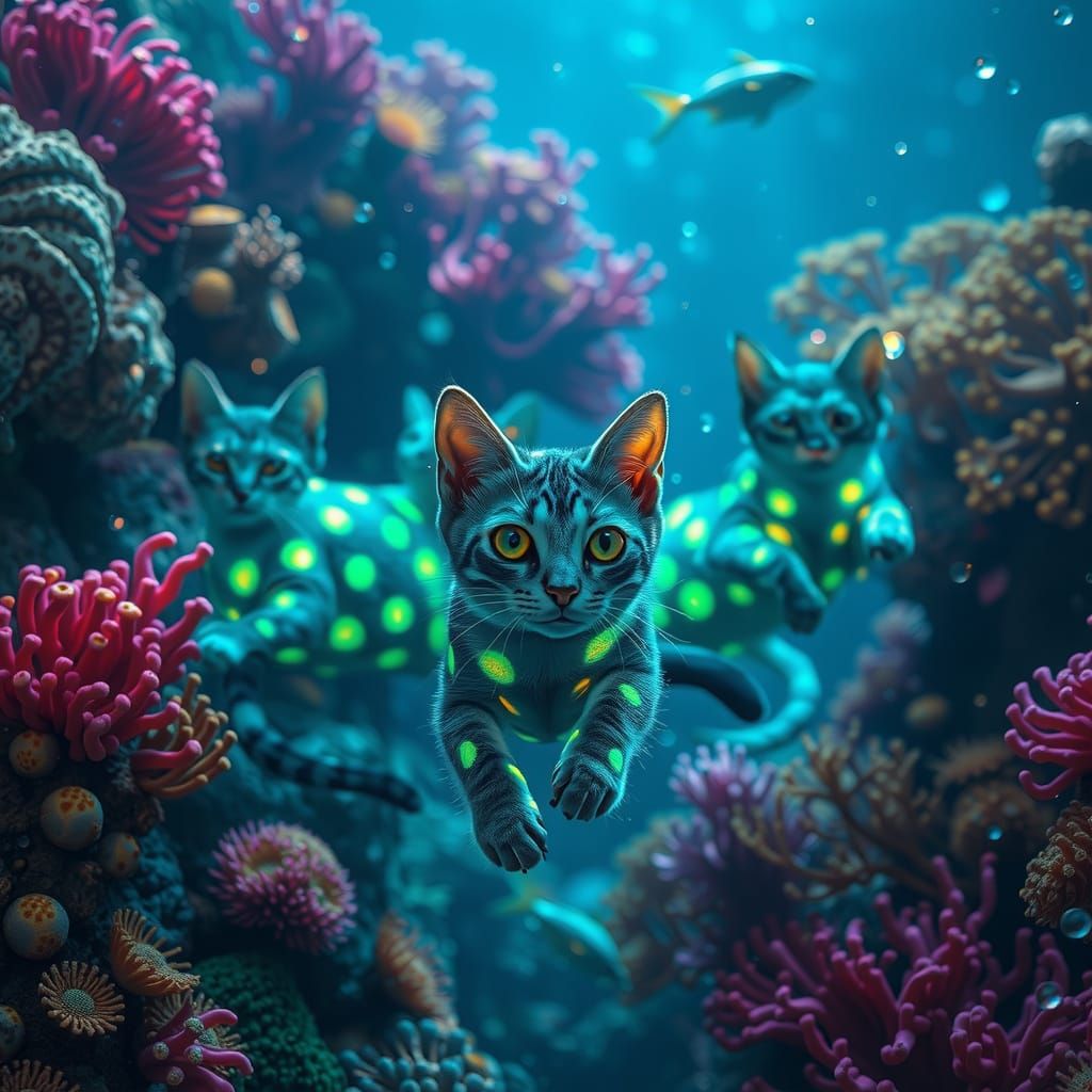 Bioluminescent Polka Dot Cats in Coral Reef