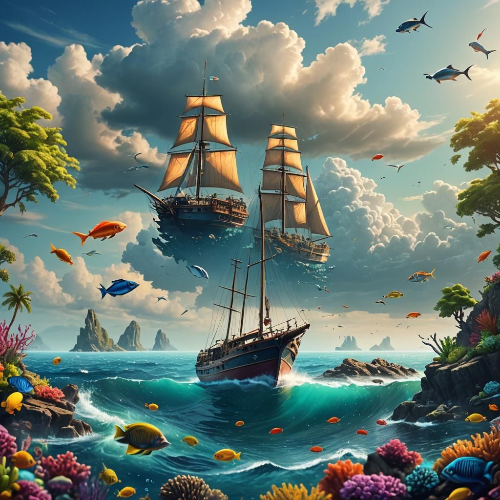 Catamaran Sails on Clear Ocean Reef