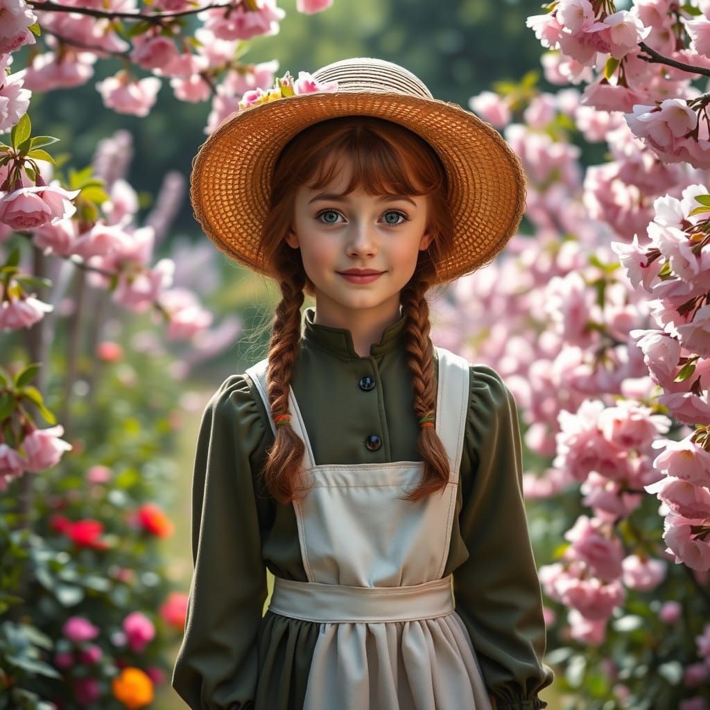 Whimsical Anne Shirley in a Cherry Blossom Garden