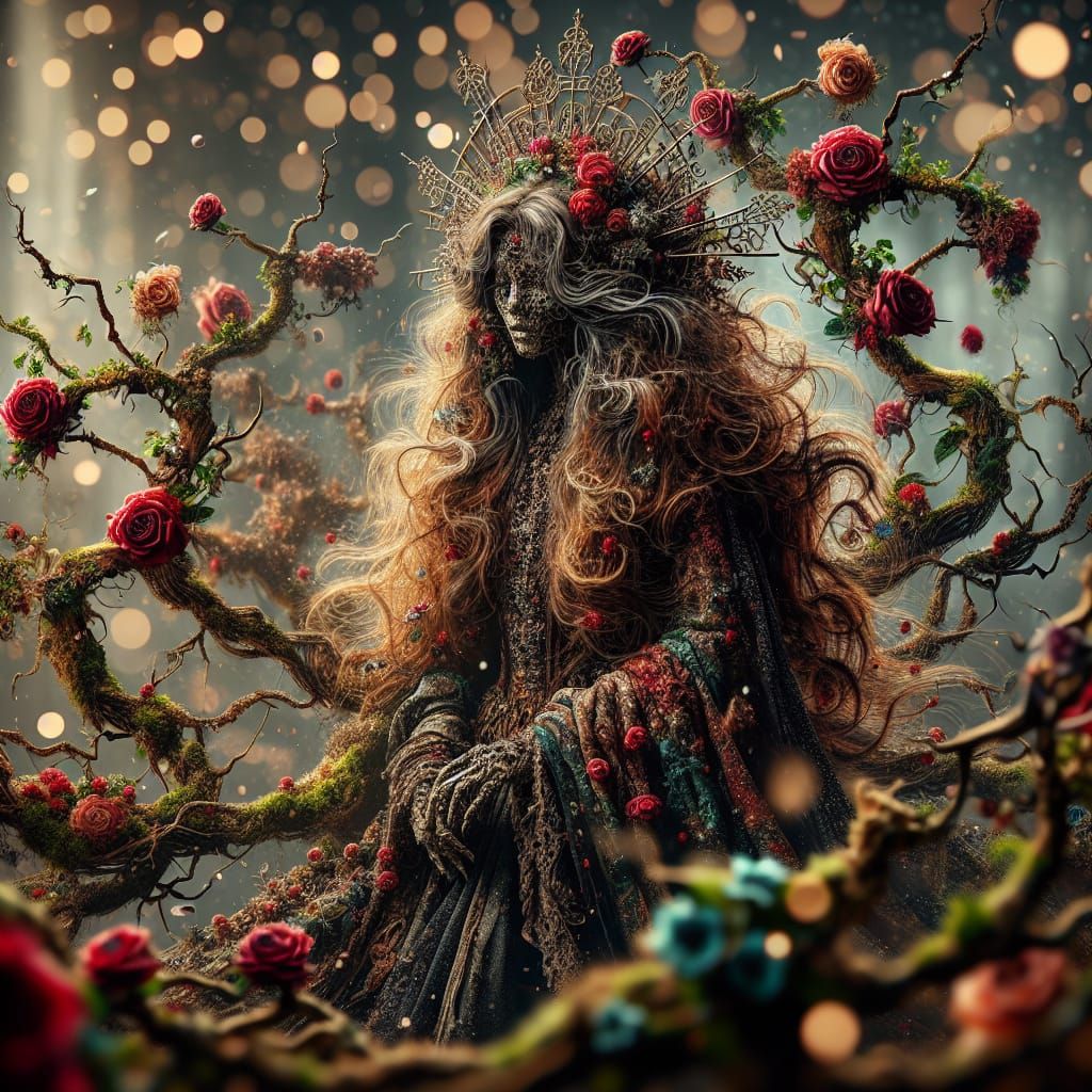 Gothic Princess Ensnared in Thorny Bushes, Vivid Red Roses