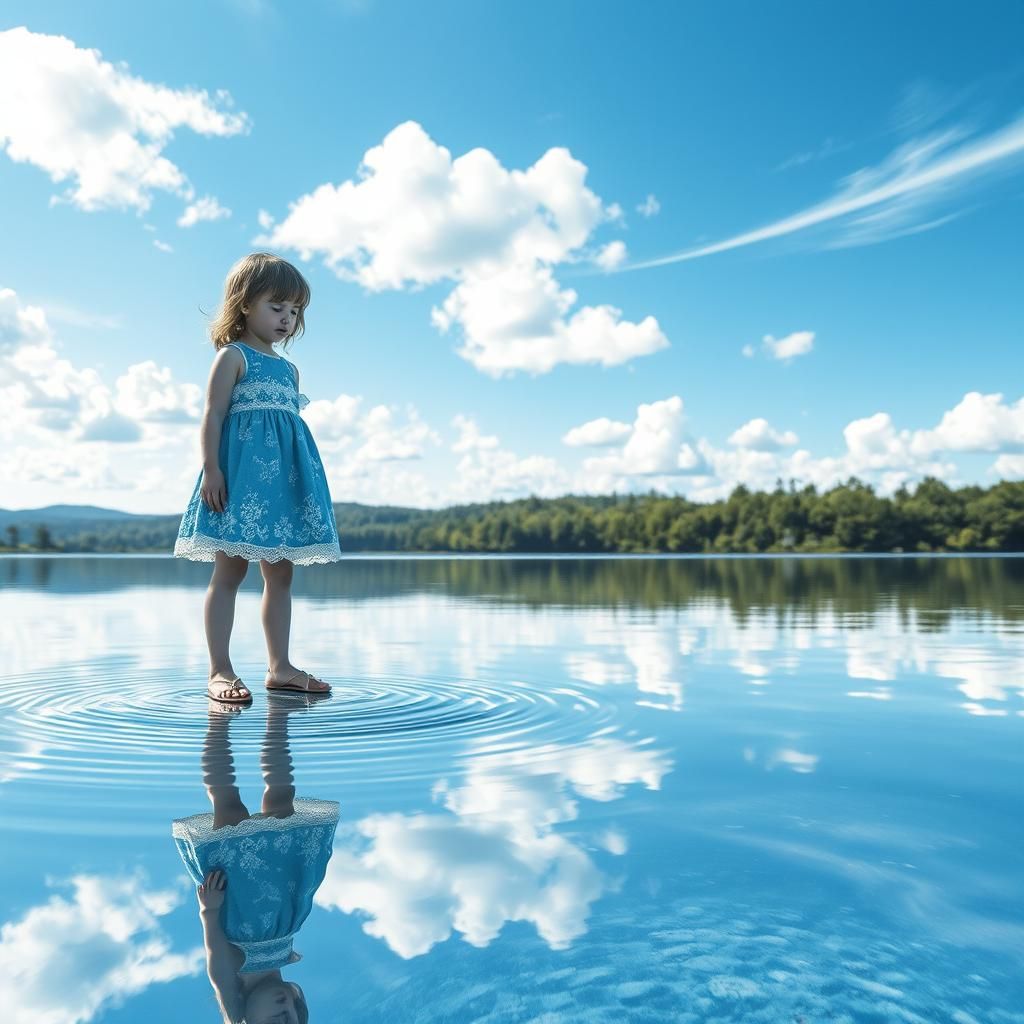 Girl in Blue Dress Reflected: Detailed Pencil Sketch