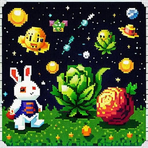 Pixelated Rabbit and Cabbage in Space