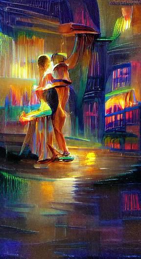 Couple Dancing in Neon Rain, Watercolour Style