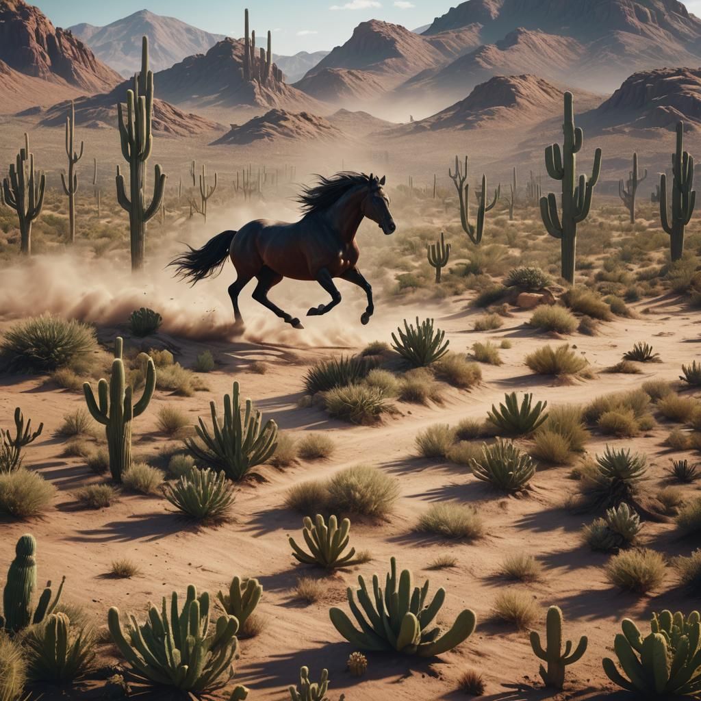 Horse Gallops Through Desert Landscape Painting