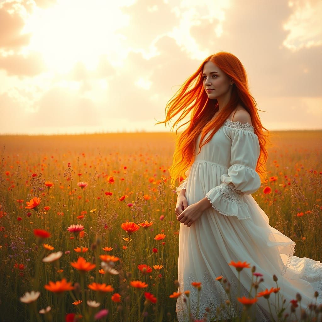 Ethereal Irish Woman in Wildflower Meadow at Dawn
