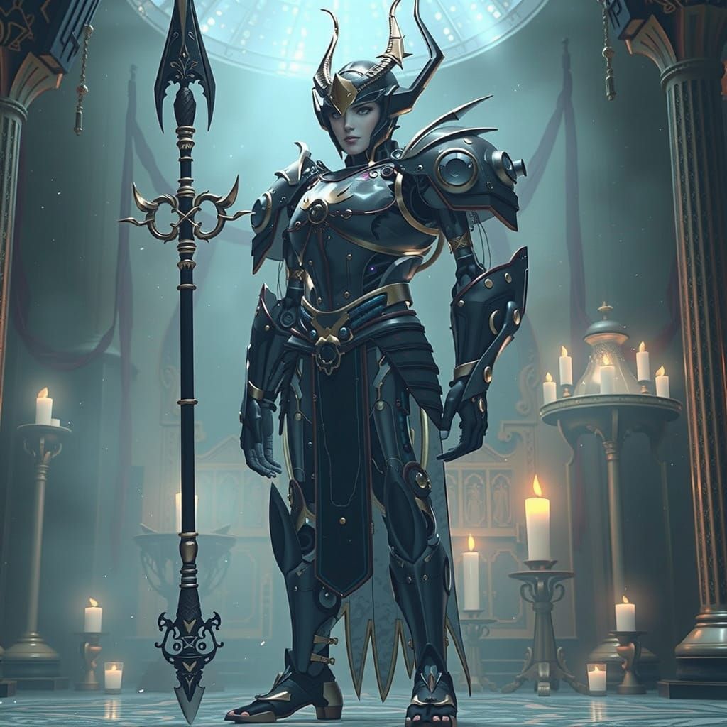 Glowing Medieval Automaton with Magical Spear, in Anime Styl...