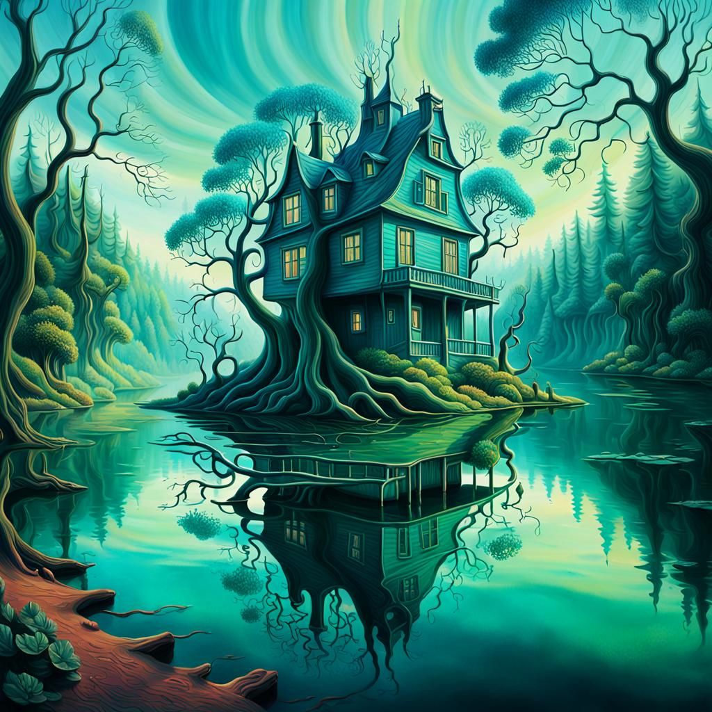 Surreal Lake House in a Vibrant Dreamscape
