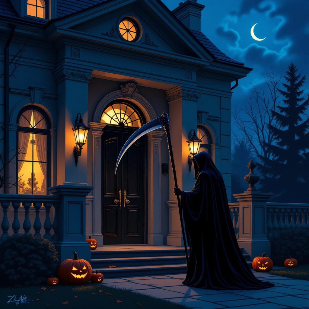 Grim Reaper at Villa Doorstep in Dark Fantasy Style