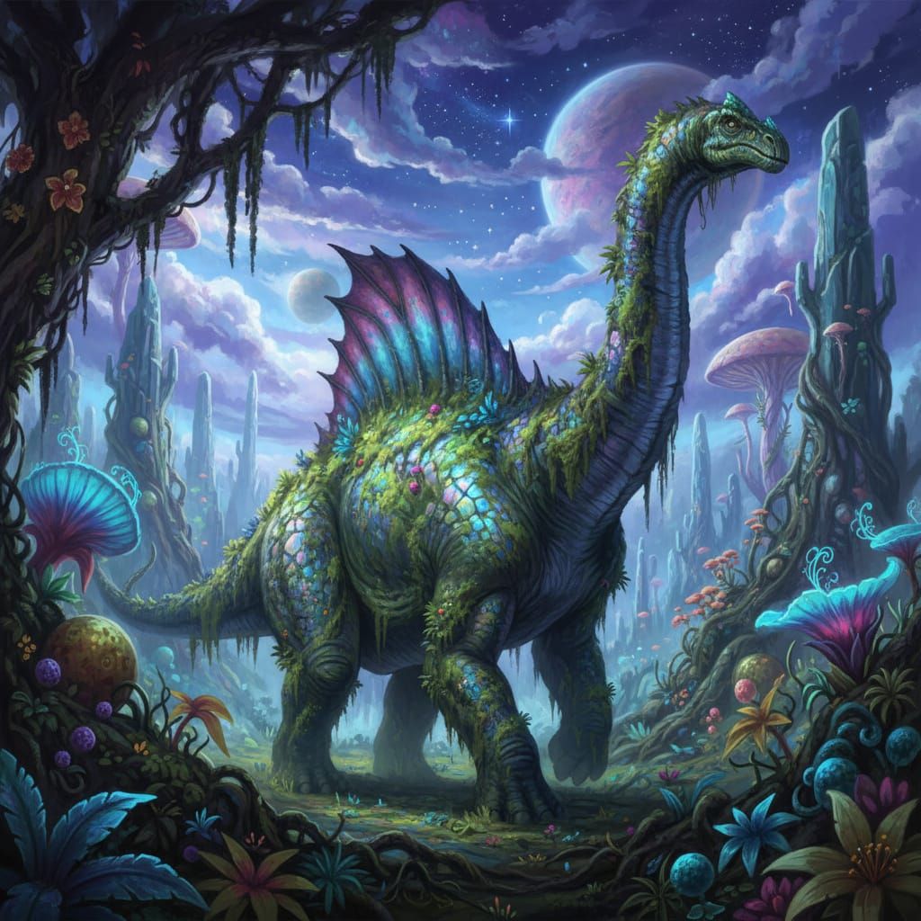 Bioluminescent Dinosaur in Alien Jungle Concept Art