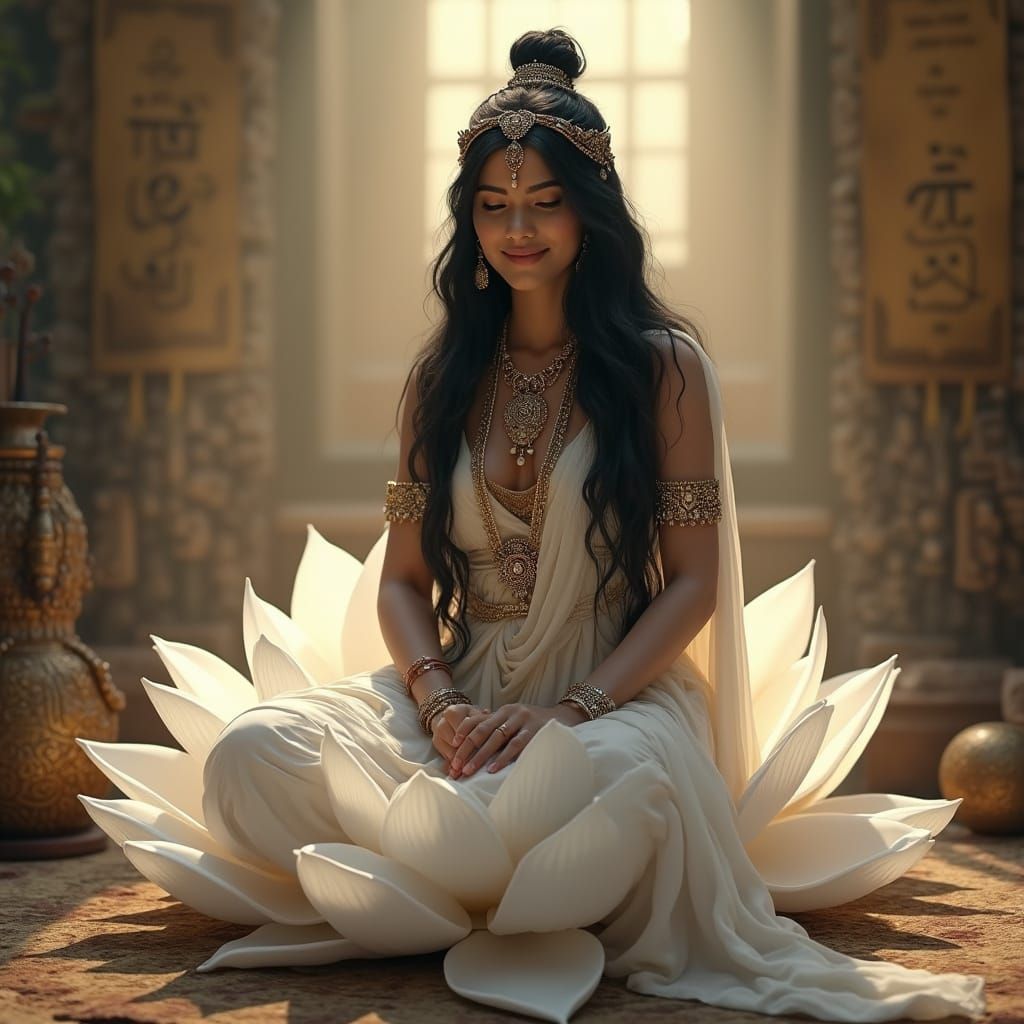 Indian Goddess of Serenity in Whimsical Fantasy Setting
