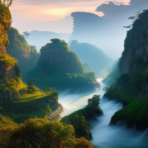 Cinematic Mountain Path at Sunrise: Digital Matte Painting