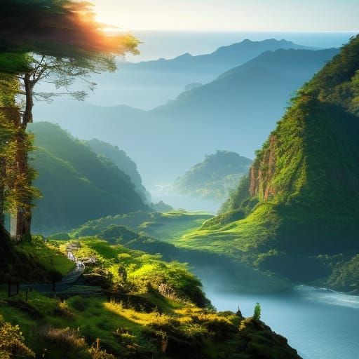 Epic Mountain Path at Sunrise: Digital Matte Painting