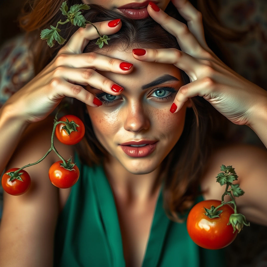 Hyperrealistic Woman with Tomatoes and Toes