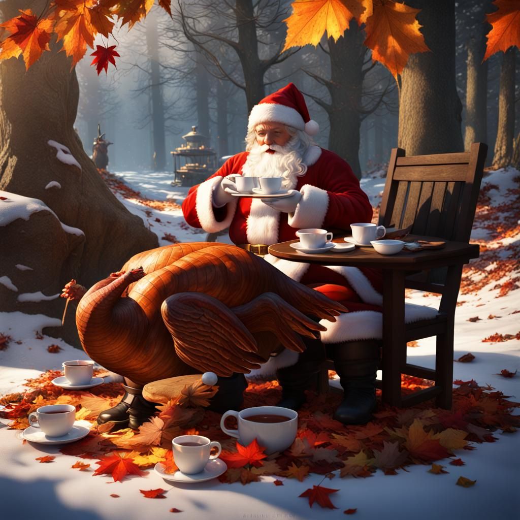 Santa's Tea Party with Giant Turkey: Dark Fantasy Art
