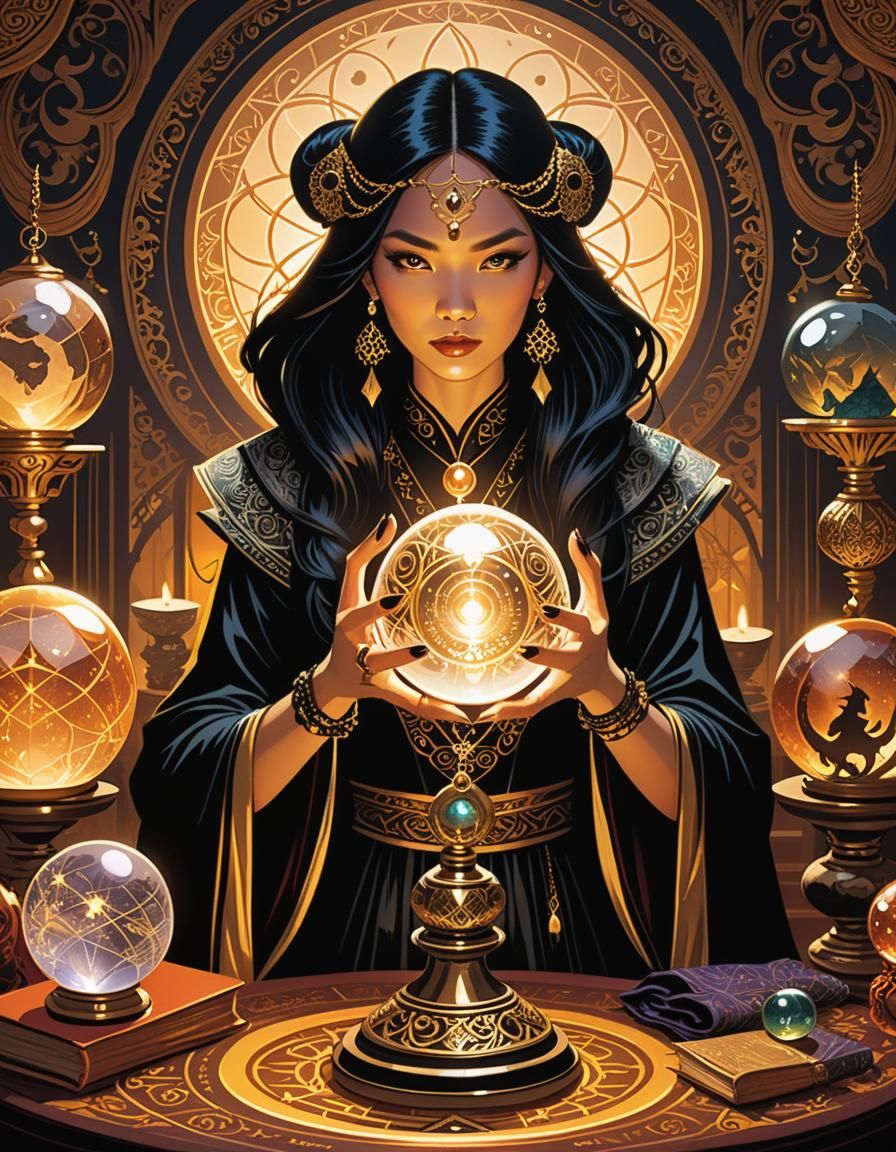 Occult Sorceress with Crystal Ball in Dark Fantasy Style