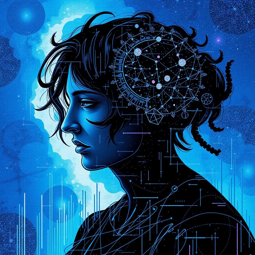 Abstract Glitch Art with Constellations and Digital Elements