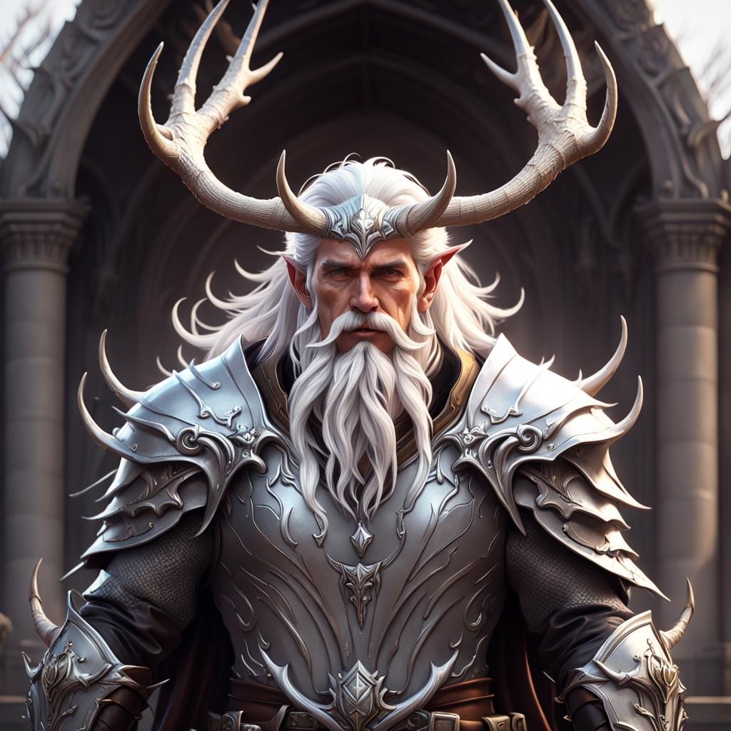 Antlered Silver-Eyed Paladin in Dark Fantasy Style