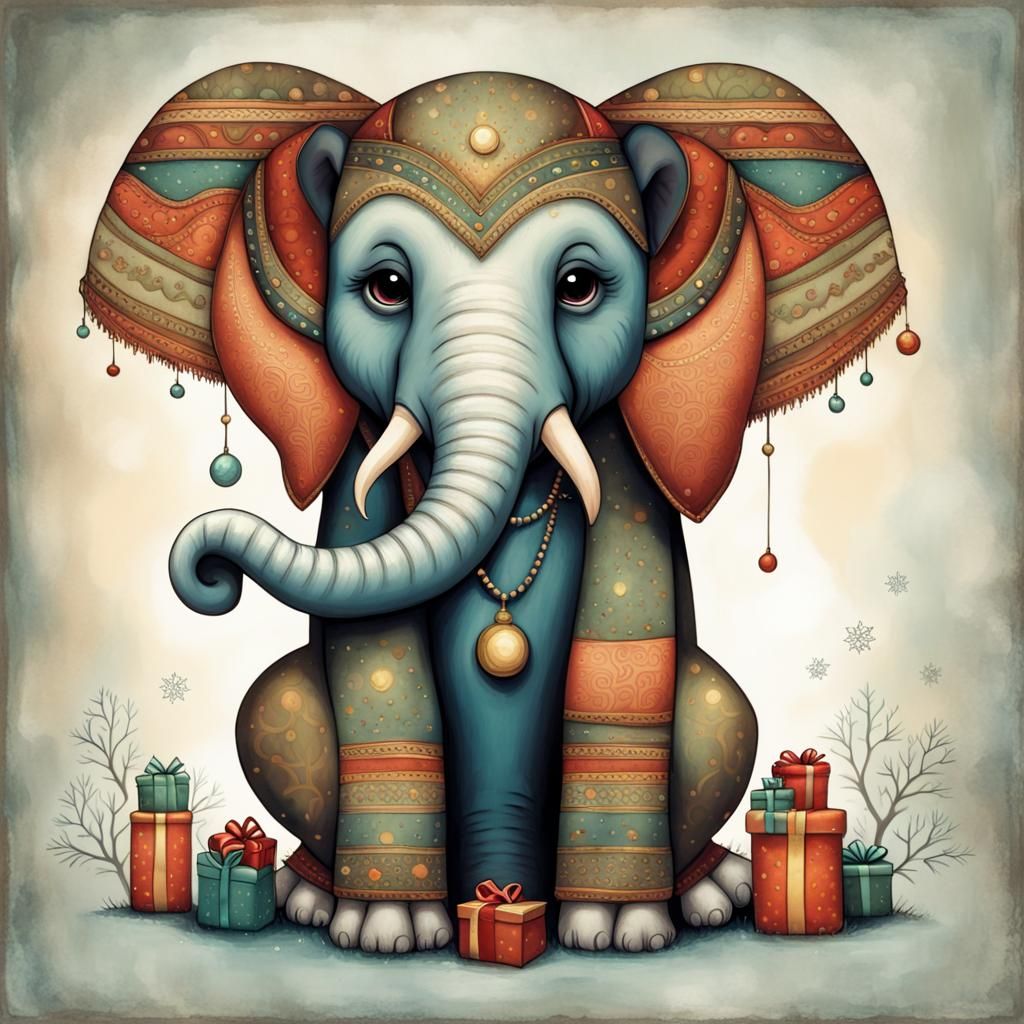 Happy Elephant Cub and Christmas Gifts
