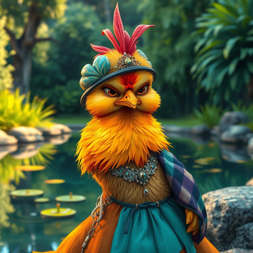 Grumpy Chick in Elegant Attire by Pond