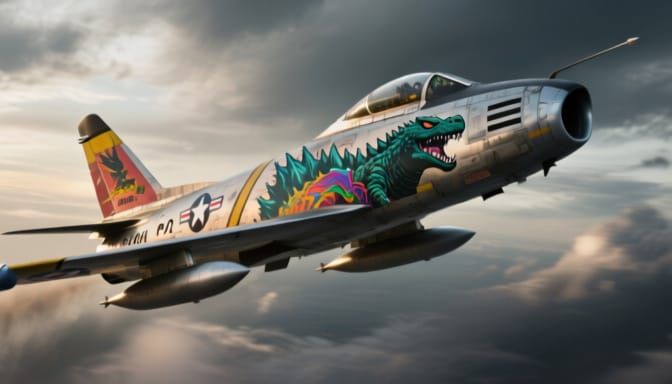 F-86 Jet with Godzilla Markings in Cinematic Sky