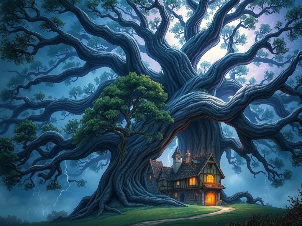 Majestic Oak Tree Enchants Medieval Village with Whimsical M...