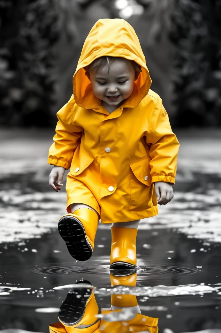 A Chubby Girl Stomps in a Rain Puddle with Vibrant Yellow Ra...