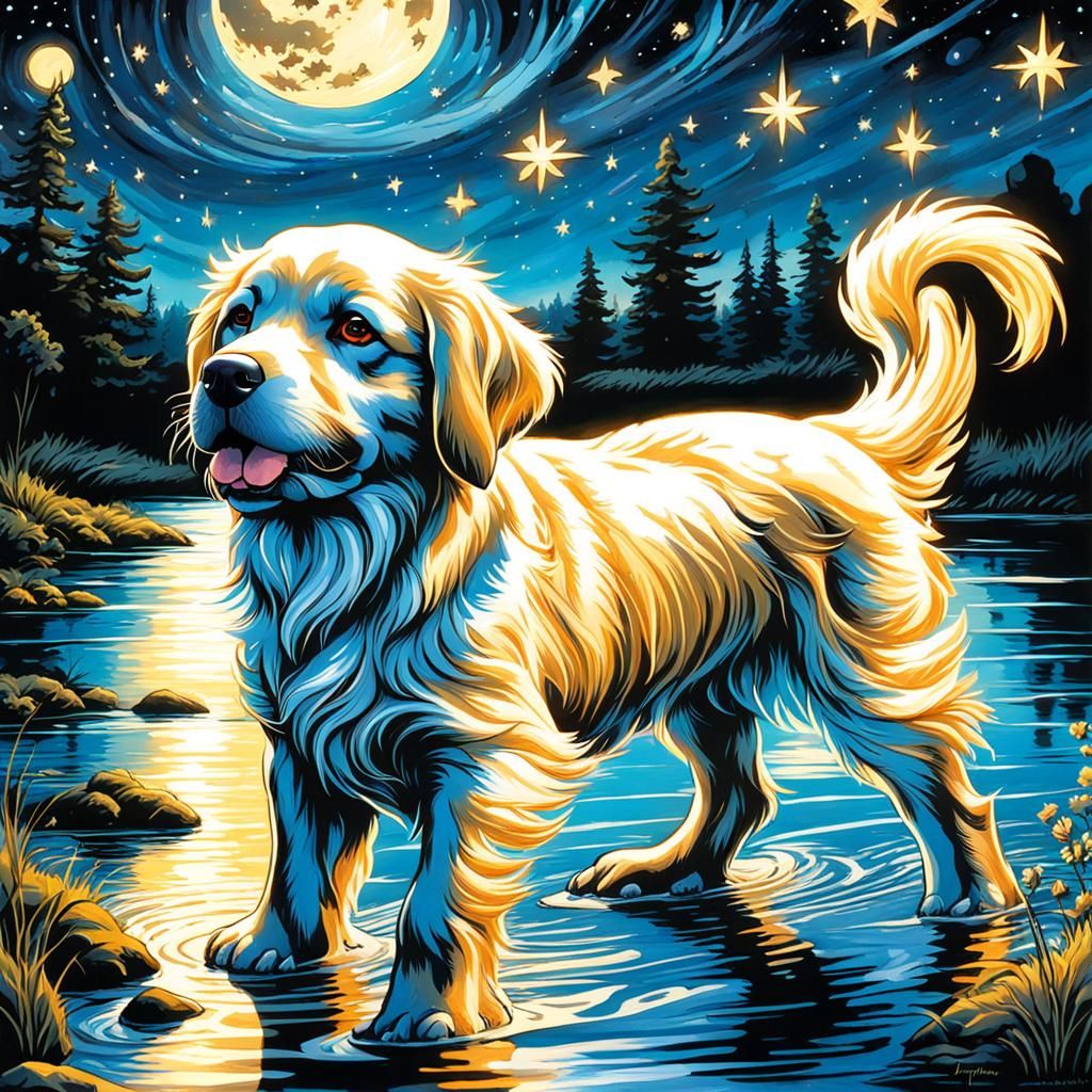 Bioluminescent Golden Retriever Puppy Under Starry Sky