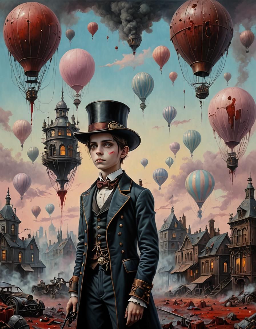 Creepy Gothic Boy with Balloons: Steampunk Pastel Art