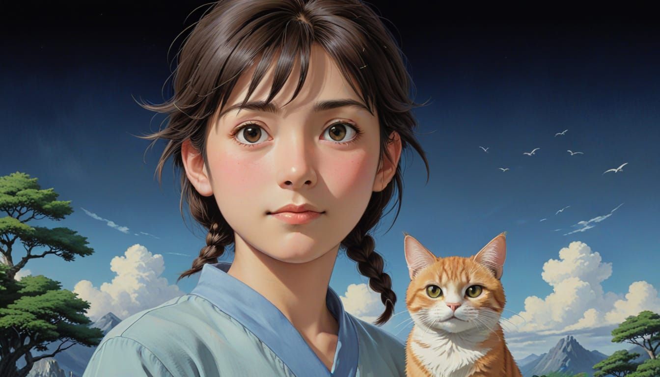 Ethereal Portrait of a Young Girl with a Whimsical Cat