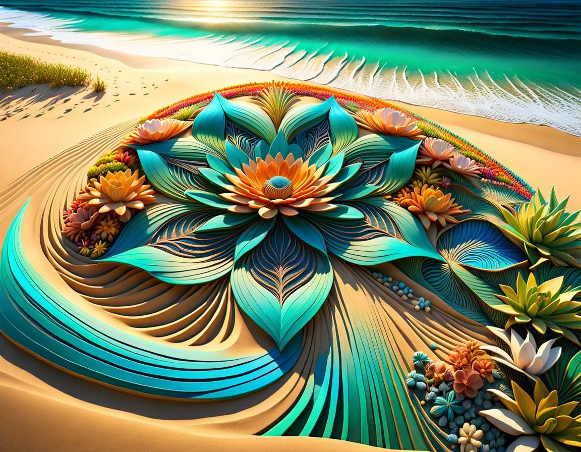 Intricate Sand Art on Tropical Beach at Sunset