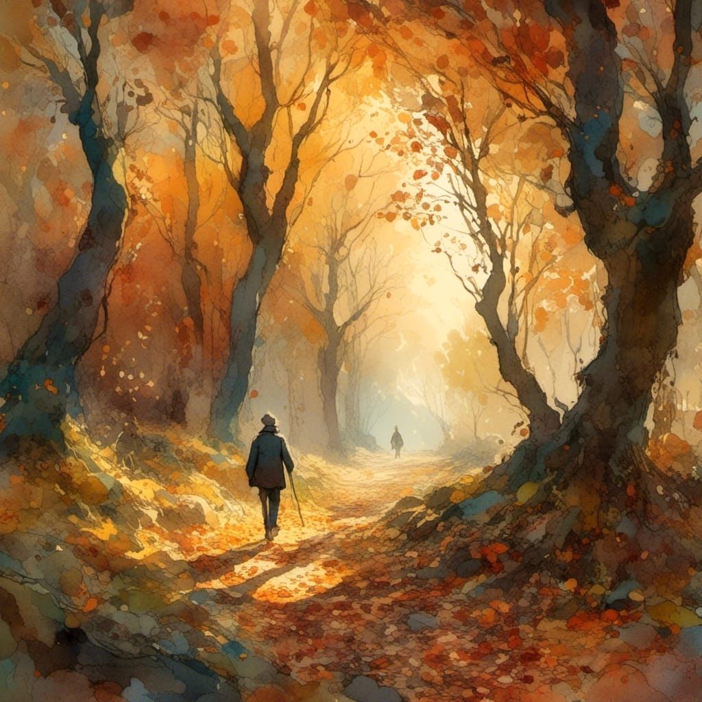 Figure Walking Through Autumn Woods at Golden Hour