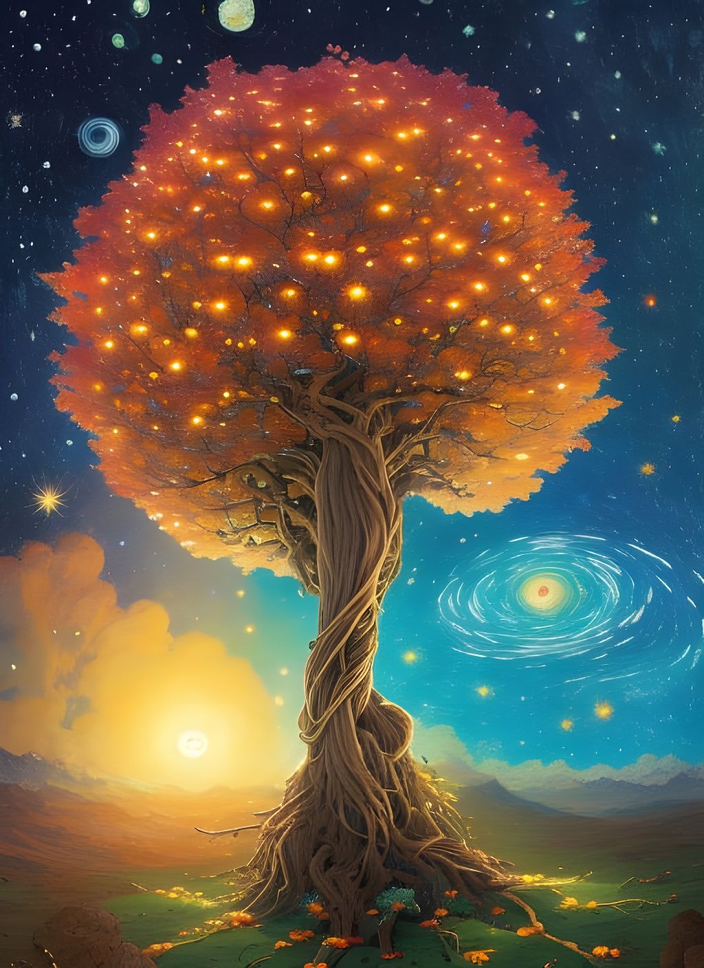 Nebulous Flowery Tree Under Starry Night