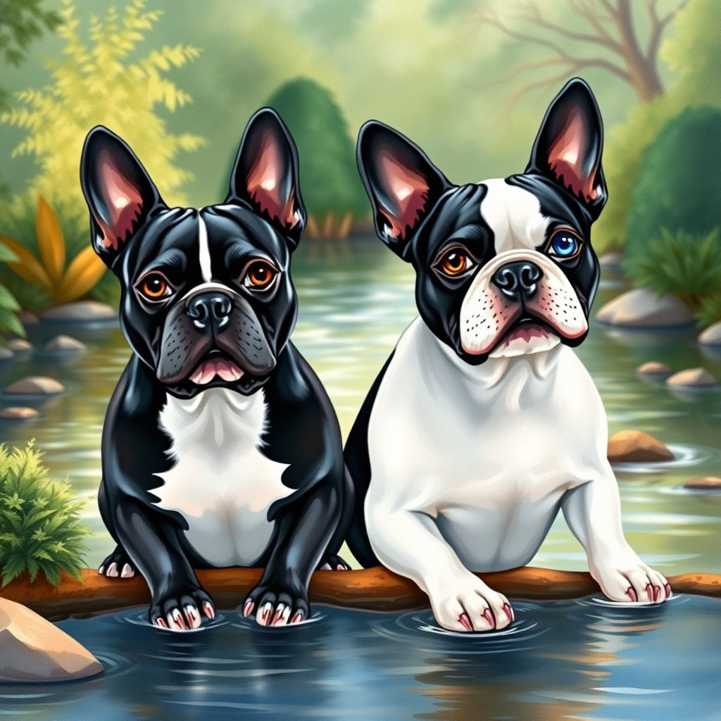 Boston Terriers in Dreamy Waterside Scene