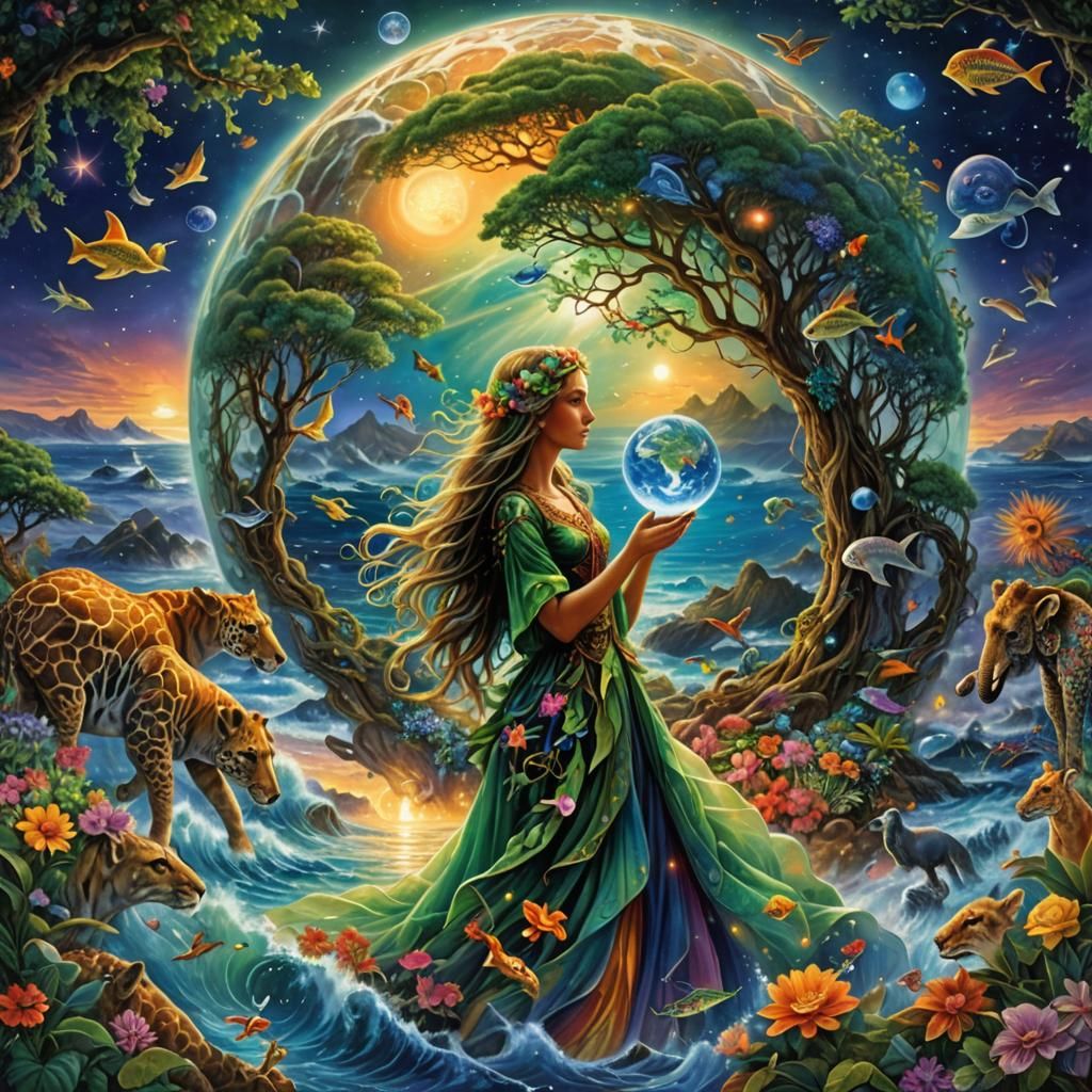 Gaia Holding Earth in Celestial Seascape
